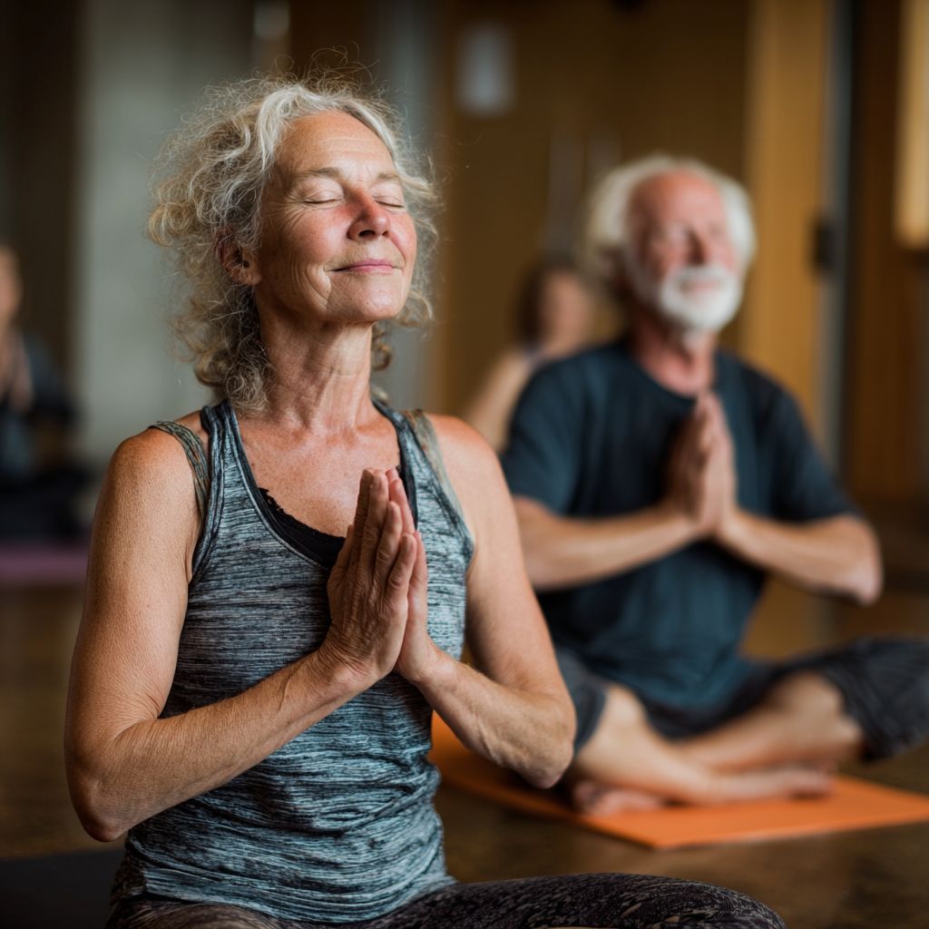 Experienced yoga instructors working with middle-aged and older adults in peaceful studio environment